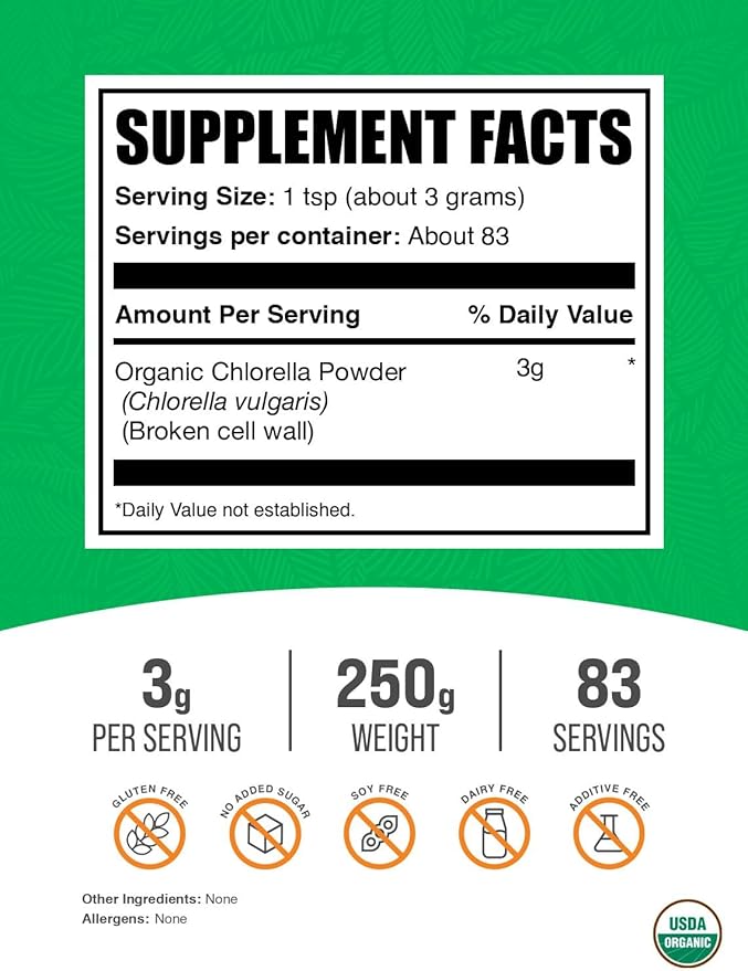 BulkSupplements.com Organic Chlorella Powder - Broken Cell Wall Green Superfood Powder Chlorella Supplement - Gluten Free 3g per Serving 250g (8.8 oz) (Pack of 1)