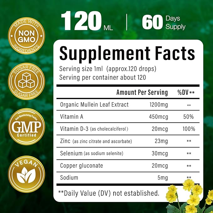Mullein Drops for Lungs144000mg Mullein Leaf Extract for Lungs Cleanse &amp Respiratory Function Healthy Breathing Immune Digestive System Natural Herbal Supplement Sugar &amp Alcohol-Free120-Da