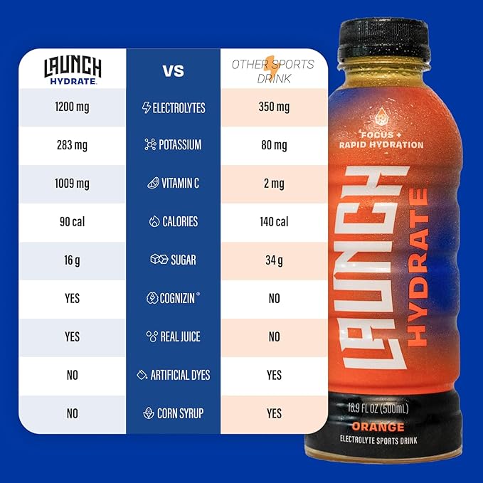 Sports Drink: Orange Flavor - 16.9 Oz (12 Pack) Energy Drink + Hydration Real Cane Sugar Electrolytes Cognizin for Focus Vitamin B12 Energy Boost L-Glutamine Hydration Formula No Artificial Swe