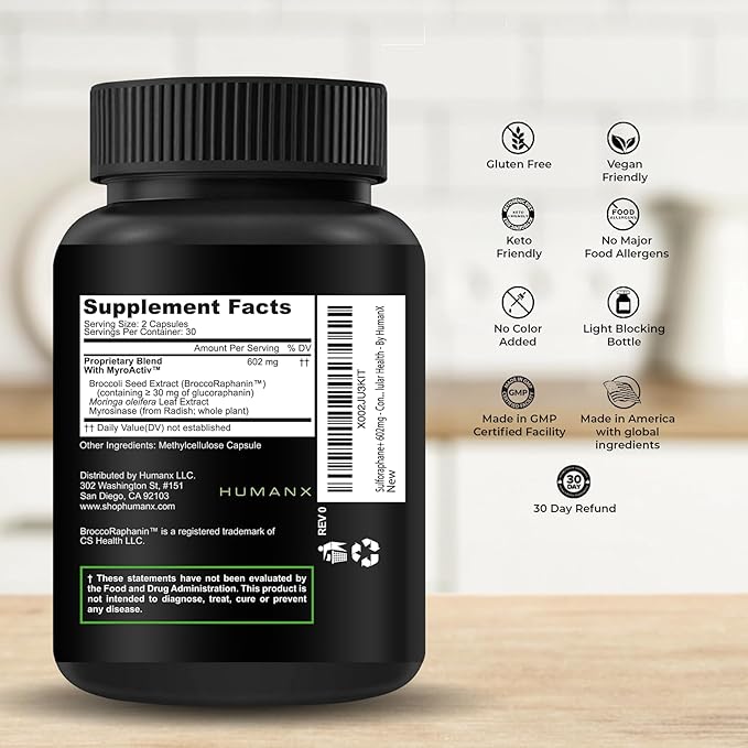 HUMANX Sulforaphane+ 602mg - USA Third Party Tested - Sulforaphane with Broccoli Seed Extract &amp Moringa - Supports Antioxidant Production Detoxification &amp Cellular Health - Broccoli Suppleme