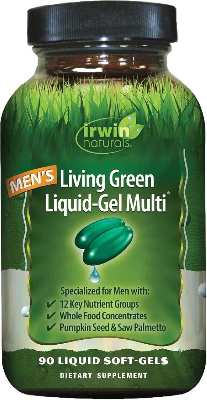 Irwin Naturals Men's Living Green Liquid-Gel Multi - 70 Essential Nutrients Full-Spectrum Vitamin Supplements for Men Wholefood Blend - Promotes Brain &amp Adrenal Support - 90 Liquid Soft-Gels