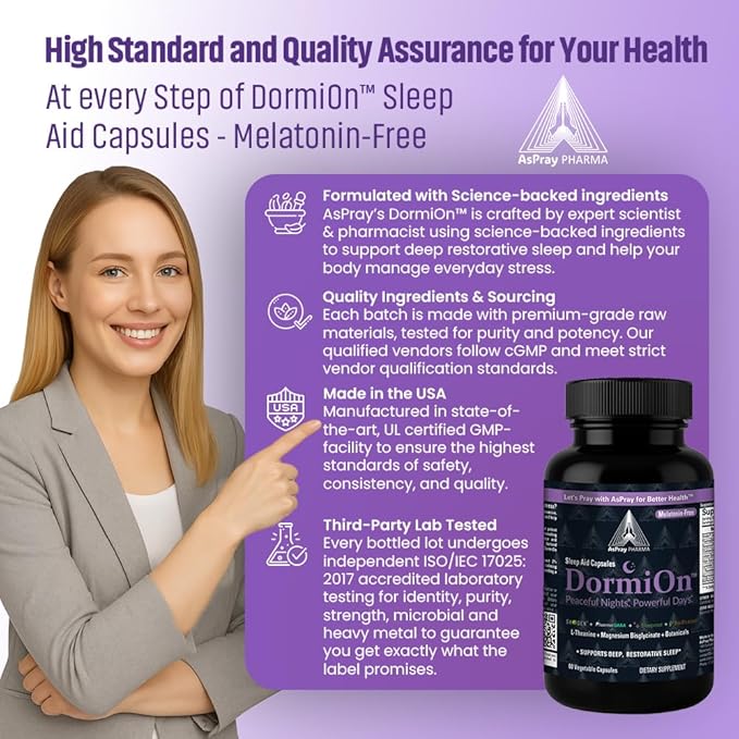 DormiOn™ Sleep + Restore + Stress Supplement Herbal Sleep Aid for Women &amp Men. No-Melatonin Non-Habit Forming. Clinically-Proven Ashwagandha GABA Valerian &amp Magnesium. Vegan &amp Non-Grog