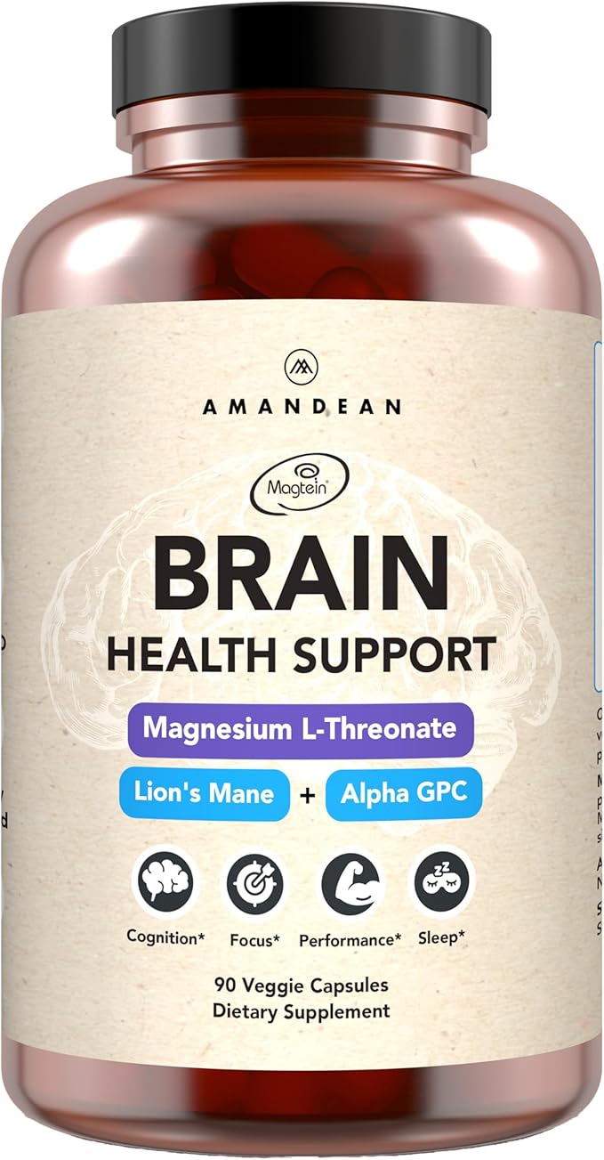 AMANDEAN Nootropic Brain Supplement for Memory and Focus Mental Clarity and Cognitive Function Magnesium L-Threonate (Magtein) Lions Mane and Alpha GPC - (90 Veggie Capsules)