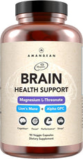 AMANDEAN Nootropic Brain Supplement for Memory and Focus Mental Clarity and Cognitive Function Magnesium L-Threonate (Magtein) Lions Mane and Alpha GPC - (90 Veggie Capsules)
