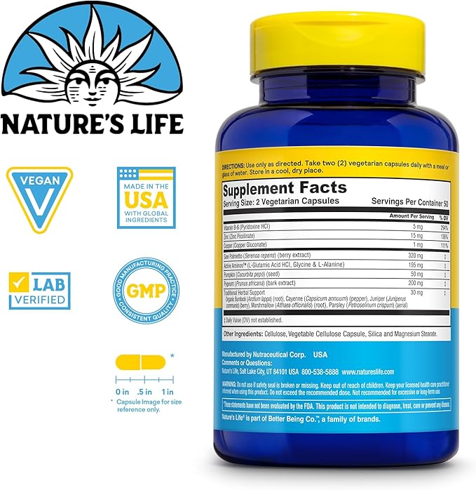 Nature's Life Prostate Maintain - Prostate Support Supplement for Men's Health - Saw Palmetto Pygeum Herbal Complex and Zinc Supplements - 50 Servings 100 Vegetarian Capsules