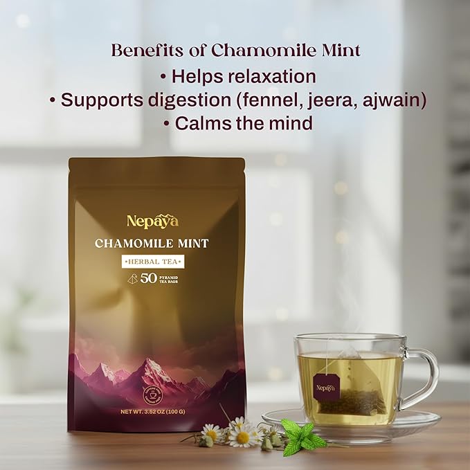 Chamomile Mint Herbal Tea Bags Relaxing Bedtime Blend with Lemongrass Peppermint Pyramid Tea Bags Fennel &amp Peppermint Caffeine Free Teabags Hot or Ice Tea 50 Biodegradable Tea Bag