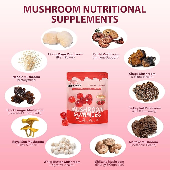 Mushroom Gummies 10-in-1 Adaptogenic Blend Vegan Strawberry 60 Count | with Lion's Mane Reishi Chaga Shiitake &amp More