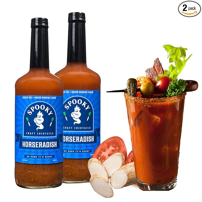 SPOOKY - Horseradish Bloody Mary Mix - Made With All Premium Natural Ingredients - No Artificial Color or Flavor - No Preservative No MSG Low Carb Low Calorie &amp Gluten Free - 32 Oz (Pack of 2)