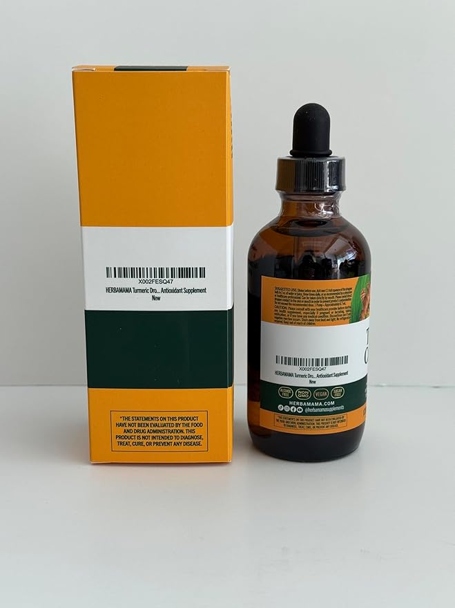 HERBAMAMA Turmeric Liquid Drops - Vegan Immune Digestive &amp Mobility Support with Turmeric Curcumin with Black Pepper Extract - Non-GMO Alcohol &amp Sugar-Free Antioxidant Supplement - 56-Day Su