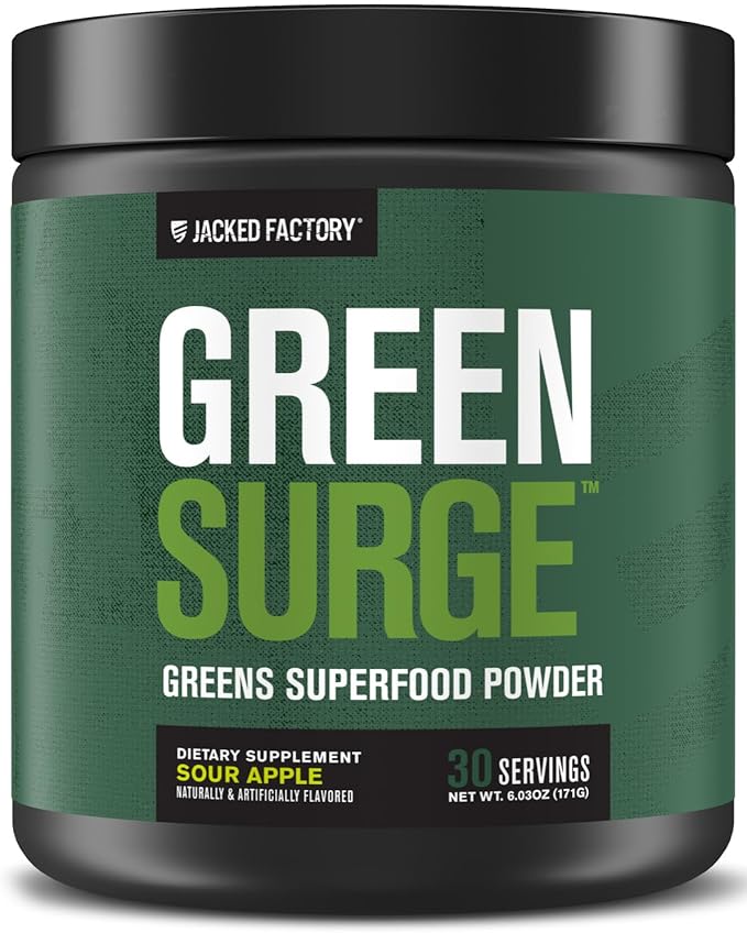 Jacked Factory Green Surge Green Superfood Powder- Keto Friendly Greens Drink w/Spirulina Wheat &amp Barley Grass Organic Greens - Green Tea Extract Probiotics &amp Digestive Enzymes - Sour Apple