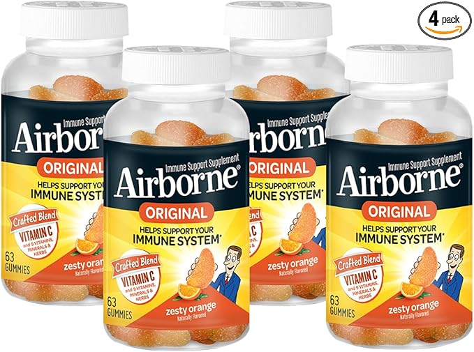Airborne 750mg Vitamin C Immune Support Supplement Gummies for Adults Zesty Orange Flavor Gluten Free Crafted Blend with Powerful Antioxidants Vitamins A C &amp E 63 Gummies (4 Pack)