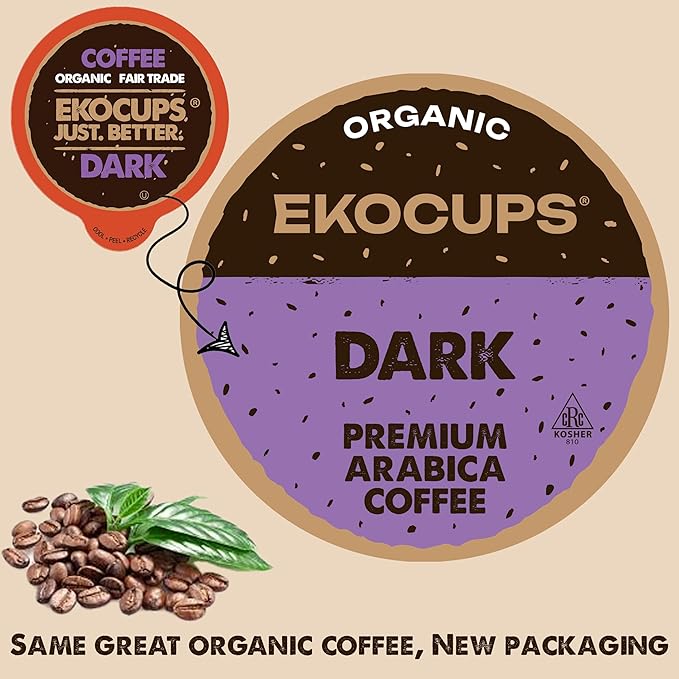 EKOCUPS Organic Dark Roast Coffee Pods Strong Bold Dark Roast Flavor - USDA Certified Organic - Single Serve Cups for Keurig K Cups Coffee Makers Box of 40 Recyclable Capsules