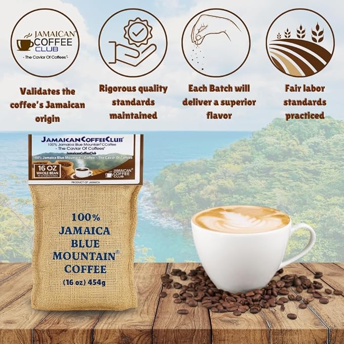 JamaicanCoffeeClub Blue Mountain Whole Bean Coffee WB 16oz 100% Jamaican Beans Premium Roast Bold Smooth Taste Freshly Packed Coffee from Jamaica Rich Aroma Gourmet Blend