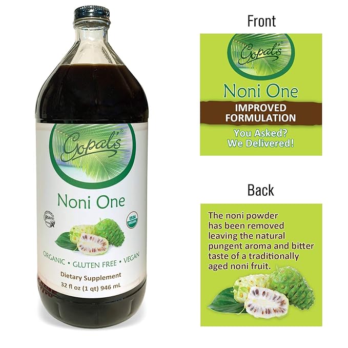 Noni One | 100% Pure Organic Noni Juice - 32oz Glass Bottle (1 qt) | Gluten-Free and Vegan Superfruit Supplement 30 grams of Noni Juice Per Serving Vitamin and Antioxidant Rich | Gopal's Healthfoods