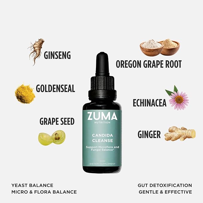 Zuma Nutrition Candida Support Tonic Vegan Herbal Liquid with Cloves Ginger Ginseng Echinacea &amp Grape Seed Extract Plant Based Water Soluble Supplement for Men &amp Women Non GMO 30 ML Bot
