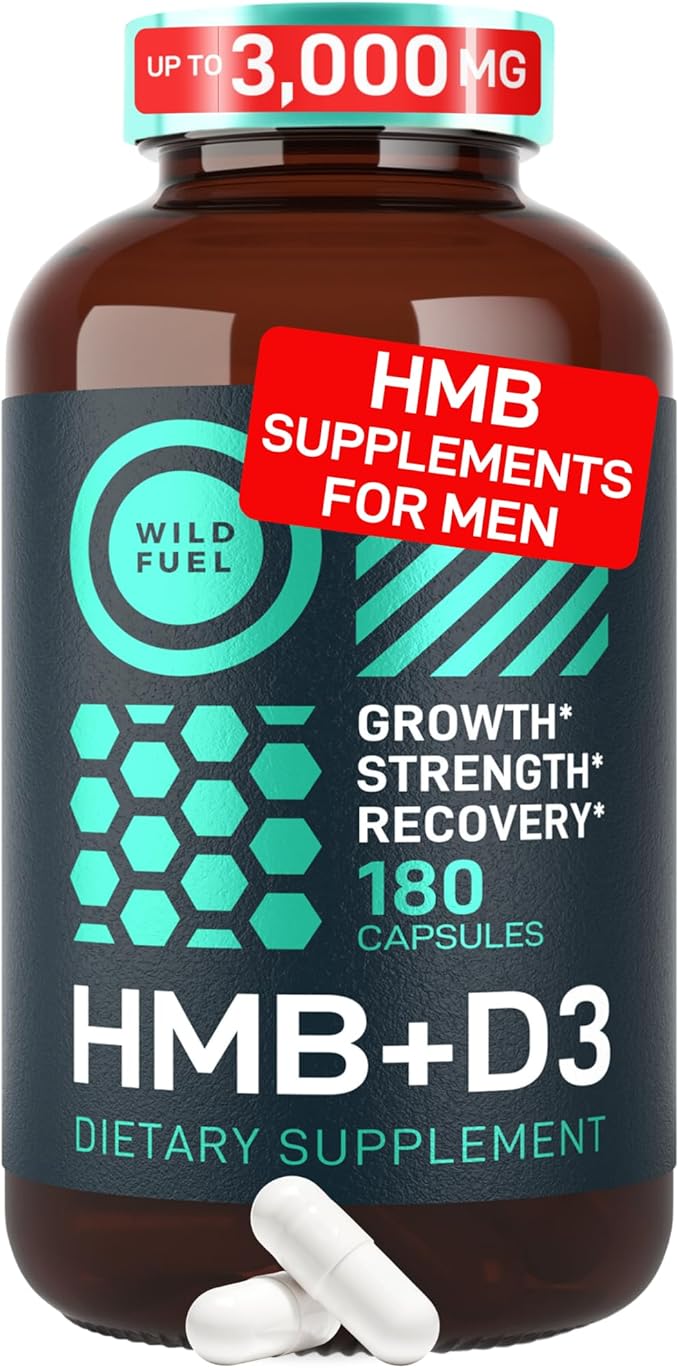 WILD FUEL 3000mg HMB Supplement Plus Vitamin D3 - Muscle Growth Strength Fast Workout Recovery HMB Supplements for Men and Women - Calcium Beta-Hydroxy Beta-Methylbutyrate - 180 Capsules