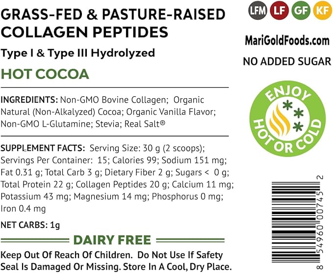 MariGold Grass-fed Collagen Peptides Powder Hot Cocoa 1LB - 100% Pure Type I &amp III Bovine Hydrolyzed Collagen Non-GMO Hormone Free Soy Free Gluten Free Dairy Free Keto-Friendly