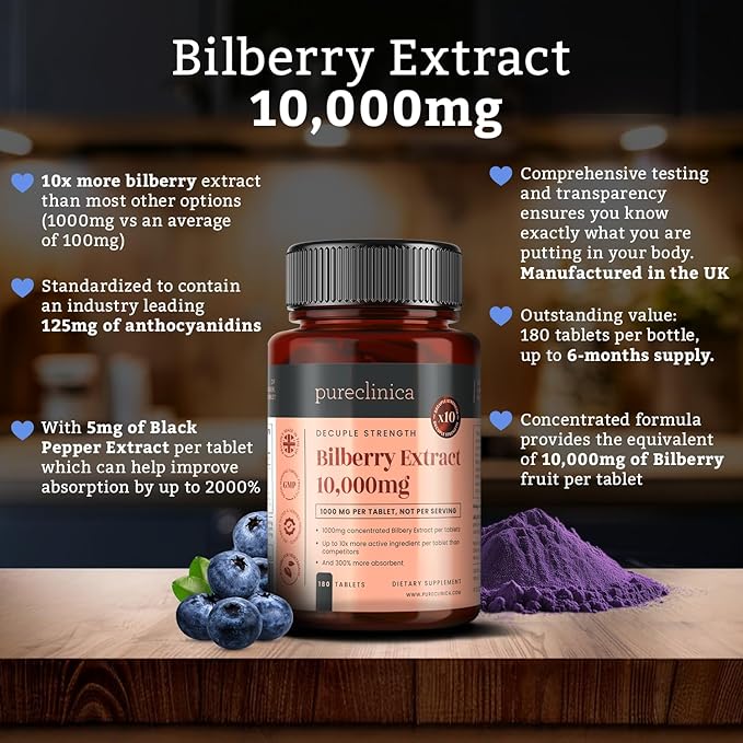 pureclinica Bilberry Extract 10000mg x 360 Tablets (2 Bottles) - 10 X More Anthocyanidins per Tablet Than Most Others - and 5mg Black Pepper Extract for 300% Increased Absorption