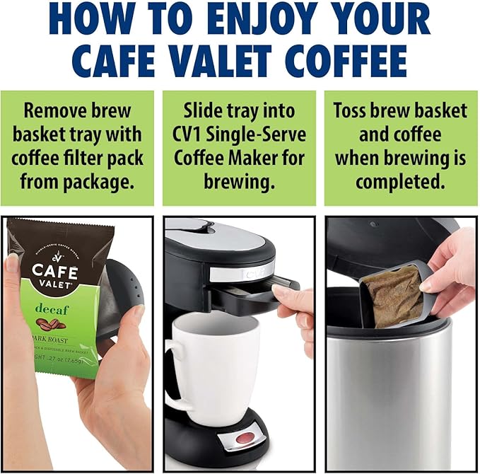 Café Valet DECAF Dark Roast Single Serve Coffee Packets – 84 Count – For Use with Café Valet Single Serve Cofee Makers – Disposable Brew Basket &amp Cofee Pack