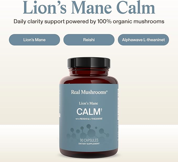 Real Mushrooms Lion’s Mane Calm Capsules (90 Count) – Organic Lions Mane Fruiting Body Extracts 200mg Organic Reishi 200mg AlphaWave L-Theanine for Calm Clarity &amp Relaxed Alertness 90ct