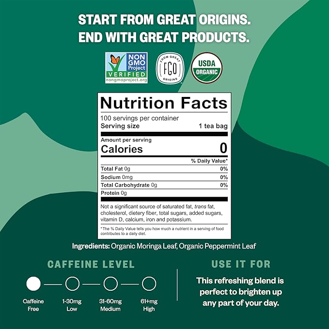FGO Organic Moringa Mint Tea 100 Count Eco-Conscious Herbal Tea Bags Resealable Bag Caffeine Free Packaging May Vary (Pack of 1)