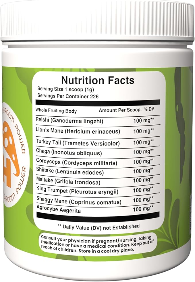 Hongo Mushroom Power - Perfect 10 Mushroom Complex Powder - Lions Mane Reishi Cordyceps Chaga Turkey Tail Maitake Supplements - for Immunity Energy Memory &amp Focus - (8 Ounce Jar)