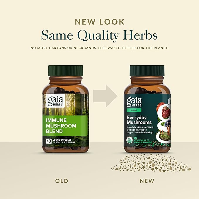 Gaia Herbs Everyday Mushrooms - Immune Support Mushroom Supplement for Daily Health Support* - with Reishi Cordyceps Turkey Tail Shiitake &amp Chaga Mushrooms - 40 Vegan Capsules (40 Servings)