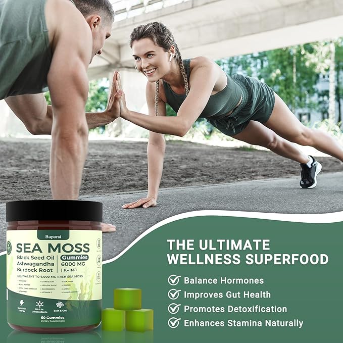 Sea Moss Gummies 16-1 Black Seed Oil Ashwagandha Turmeric Bladder Wrack Vitamin C Vitamin D3 Elderberry Manuka Dandelion Yellow Dock Apple Cider Vinegar for Men &amp Women