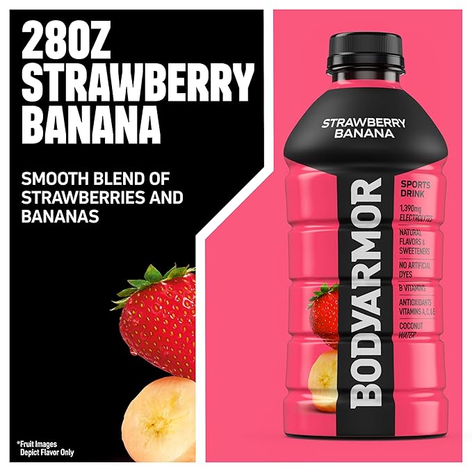 BODYARMOR Sports Drink Strawberry Banana Electrolyte Drink Hydration 28 Fl Oz Bottles (15 Pack) Flavored Coconut Water with B Vitamins &amp Antioxidants
