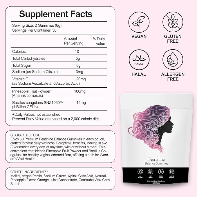 Feminine Balance Gummies Pineapple Gummies for Women Ph Probiotic Blend Hawaiian Pineapple Flavored 60 Gummies