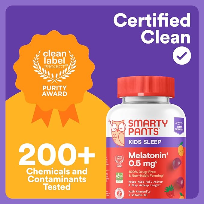 SmartyPants Kids Sleep Gummies Supplement with Melatonin 0.5mg: Chamomile &amp Vitamin D3 Sleep Aid Strawberry Mango Flavor 60 Count