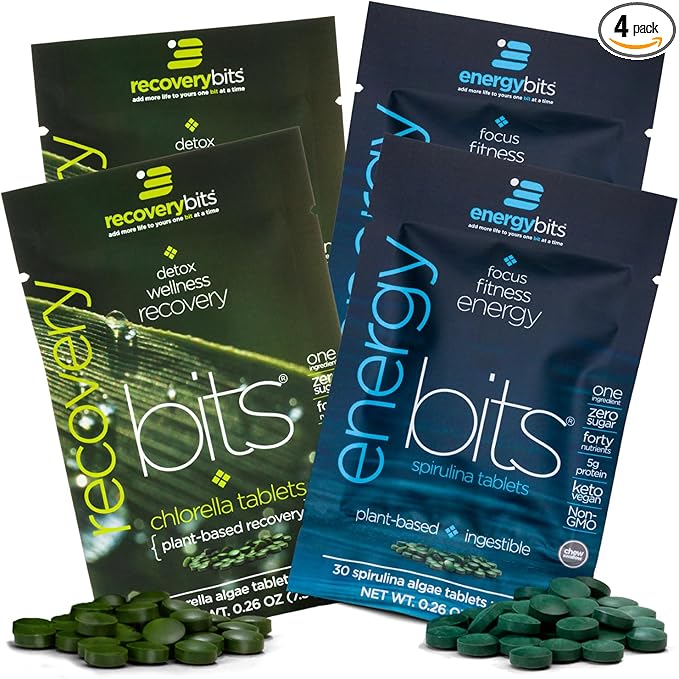 ENERGYbits/RECOVERYbits - Organic Spirulina &amp Chlorella Tablets - Single Serving Sample Packs - Algae Superfood - High Protein Chlorophyll - Self Care - Vegan Keto Gluten Free - 4 Bags 30/Bag