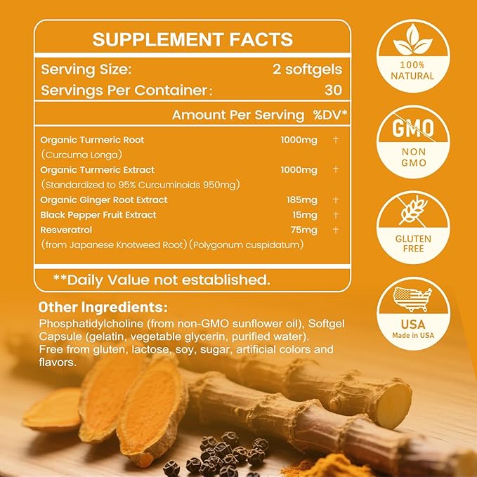 Turmeric Supplement 2275mg 95% Curcumin Liposomal Curcumin for Best Absorption Curcumin Supplement for Joint Support Bottled in USA - 300 Softgels