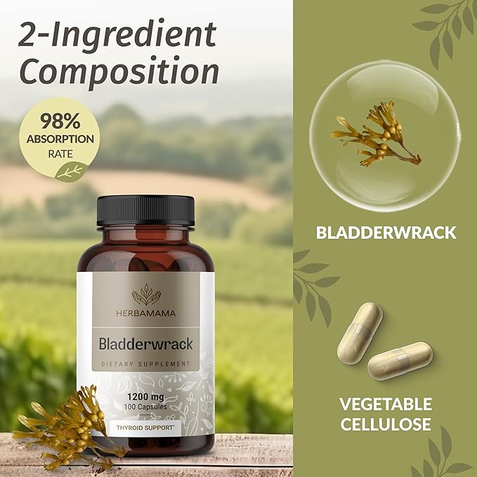HERBAMAMA Bladderwrack Capsules - 1200mg Bladderwrack Herb Powder for Energy &amp Overall Support - Vegan Non-GMO Sea Iodine Source Supplement 100 Caps