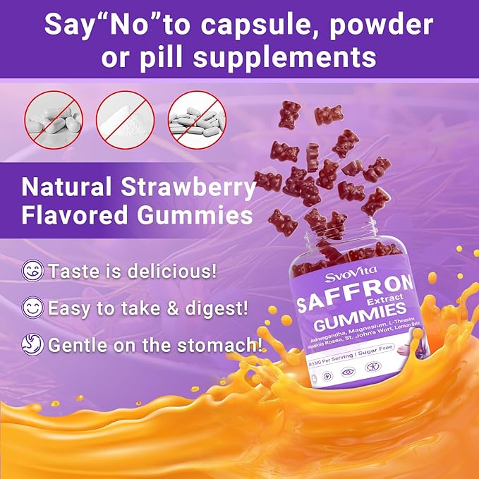 Saffron Supplements Gummies with 88.5 mg Saffron Extract Magnesium Glycinate L-Theanine Ashwagandha Rhodiola Rosea St. John’s Wort - Sugar Free 120 Count