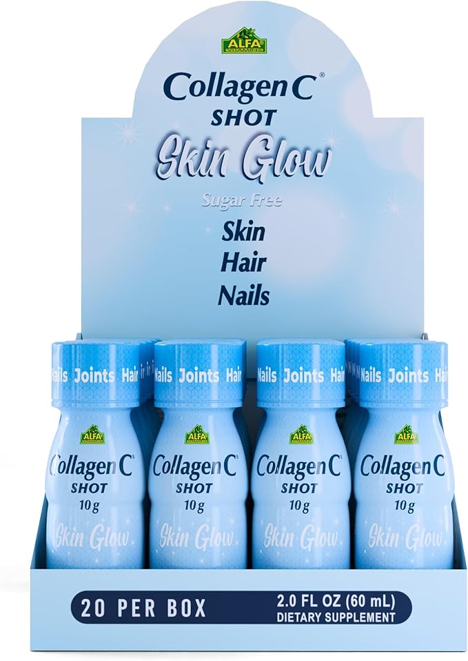 CollagenC - Skin Glow Shot 20 Pack - Collagen 10g Vitamin c 1000mg Biotin 1000mcg Vitamin D 800 IU - Natural Orange-Ginger Flavor 2.0oz Bottle - 80 Pack