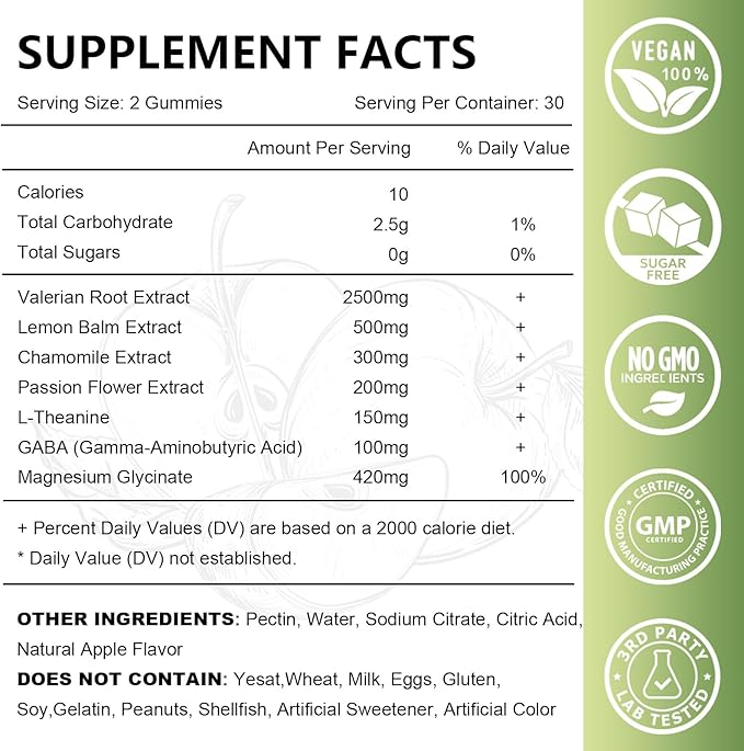 2 Pack Organic Valerian Root Gummies Herbal Supplements for Calm &amp Relaxation Natural Sleep Support for Adults &amp Kids Melatonin Free Vegan Non-GMO Gluten Free Apple Flavor 120 Count