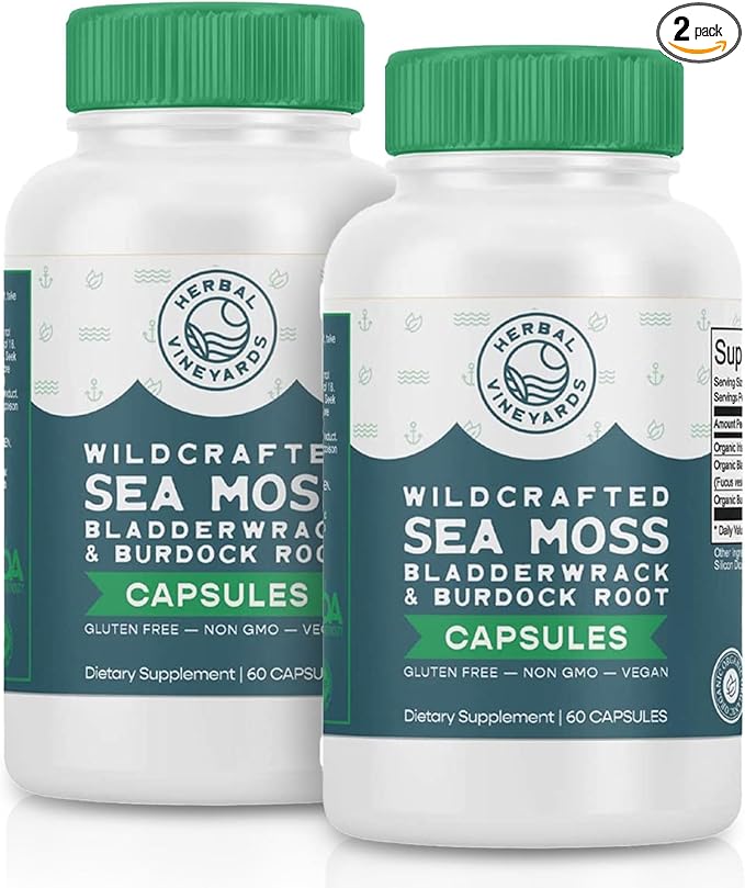 Herbal Vineyards Organic Wildcrafted Vegetable 60 Capsules | 1500MG | Pack of 2 | Irish Sea Moss Bladderwrack and Burdock Root Immune Support Healthy Skin &amp Energy | Powerful Immunity Booster