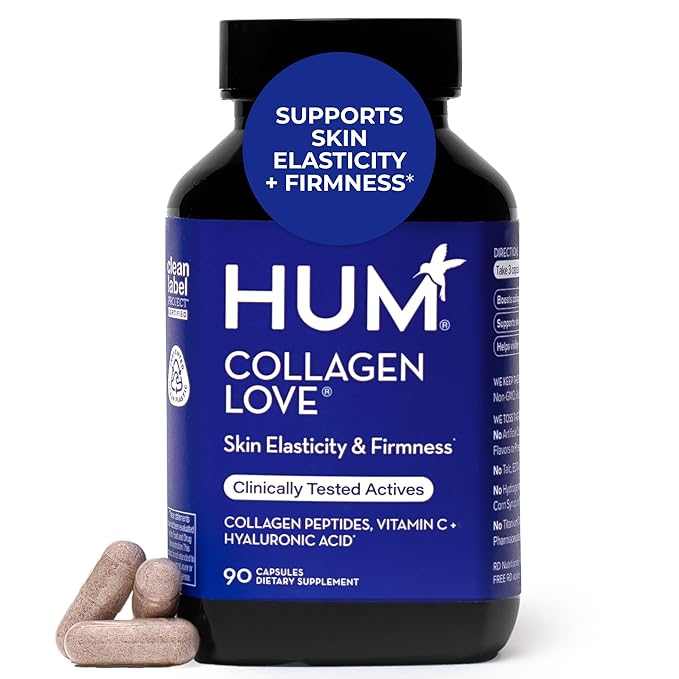 HUM Collagen Love Skin Supplement Collagen Peptides Capsules with Hyaluronic Acid &amp Vitamin C Supports Firm Skin &amp Helps Minimize Signs of Aging Supplements for Women and Men 90 Capsules