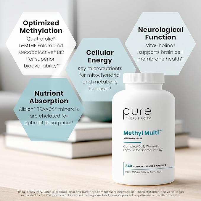 Pure Therapro Rx Methylated Multivitamin for Men and Women | Made in USA | Methyl Multi Without Iron Methyl B12 &amp Methylfolate | 240 Capsules 4-Month Supply