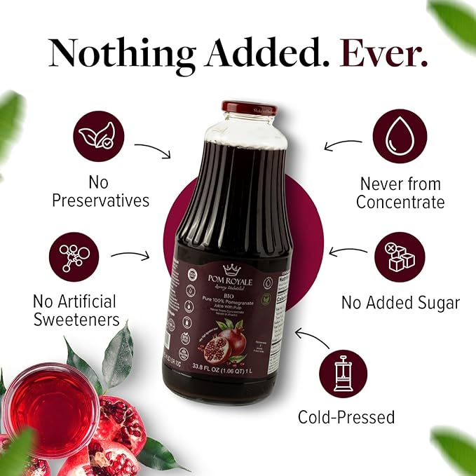Pure Pomegranate Juice with Pulp 33.8oz Glass Bottle (Pack of 4) Cold Pressed Juice Not from Concentrate Non-GMO No Sugar Added Gluten Free Kosher Certified Preservative Free