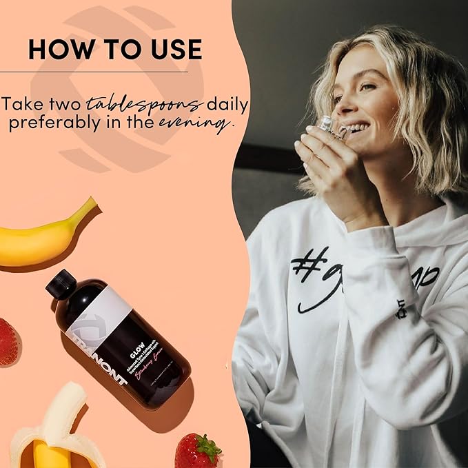 Tranont Glow Liquid Collagen for Women | Multi Collagen Peptides with Hyaluronic Acid &amp Biotin | Hair Skin &amp Nail Support | Hydrolyzed Collagen Shot | Strawberry Banana | 15 fl oz