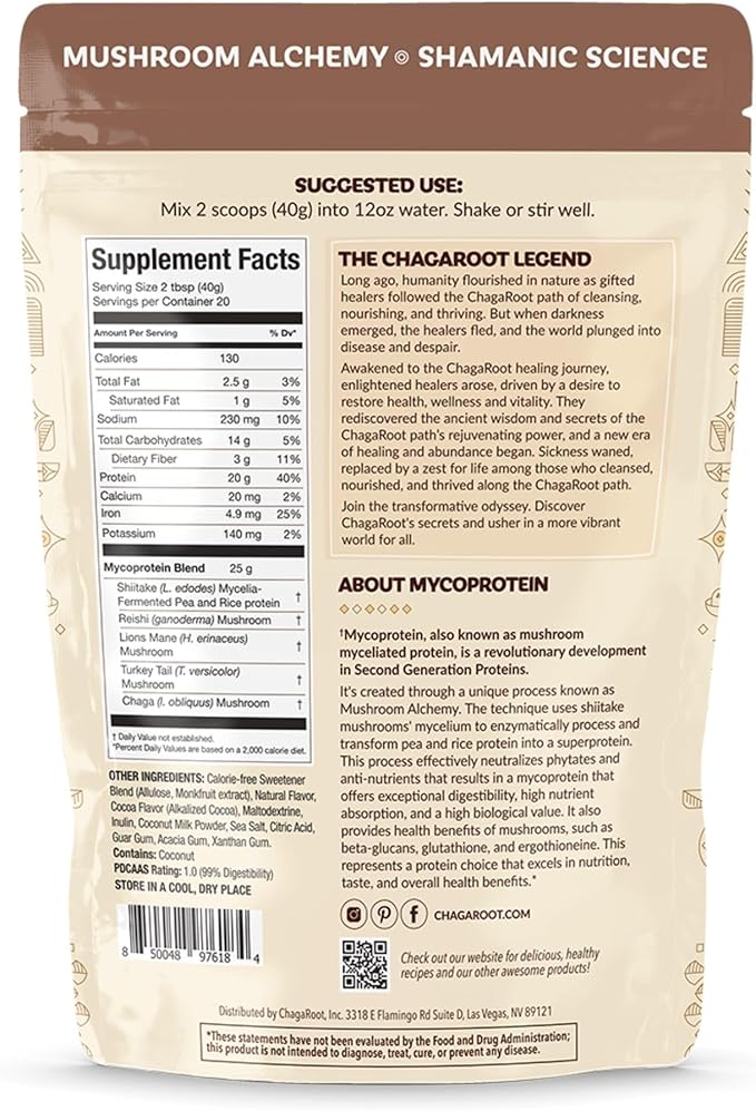 Mycoprotein Mushroom Protein Powder Chocolate Flavor 20g Plant Based Protein per Serving Reishi Chaga Lions Mane Shiitake Turkey Tail Vegan Gluten Free Coffee Smoothies 1.76 lb