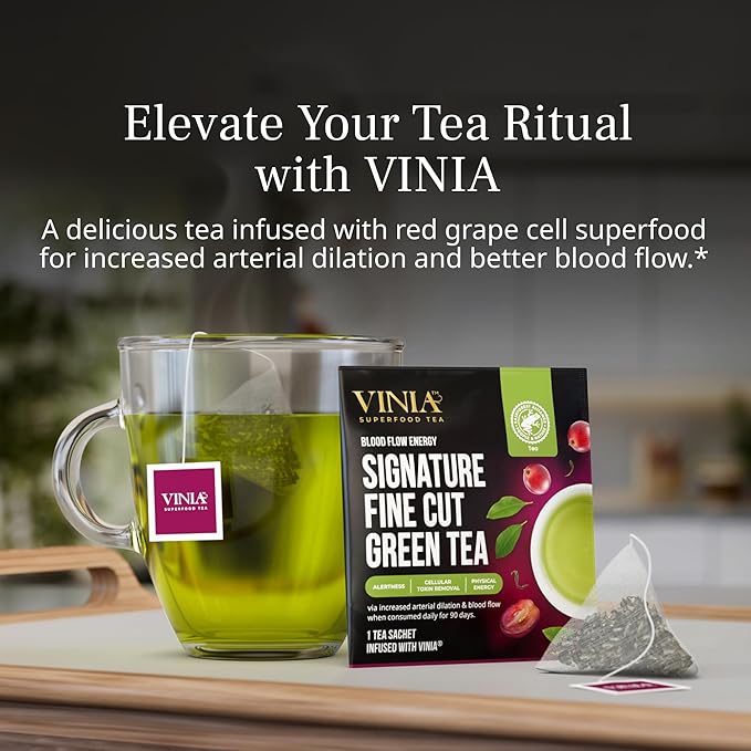 VINIA Signature Green Tea Bags Made with Organic Green Tea Infused with Piceid Resveratrol for Heart Health Nitric Oxide Physical Energy Alertness Blood Flow Keto Kosher NON-GMO. 30 Ct