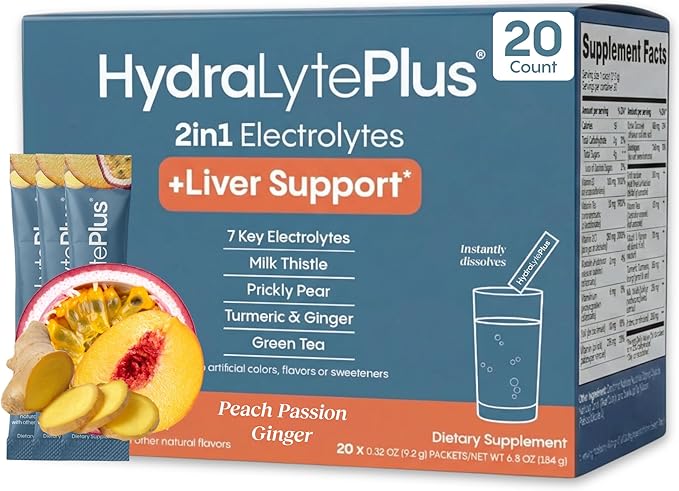 Hydralyte Liver Support + Electrolyte Mix with Milk Thistle Turmeric Ginger Prickly Pear Green Tea Extract Formulated for Rapid Rehydration (Peach Passion Ginger 20 Packets)