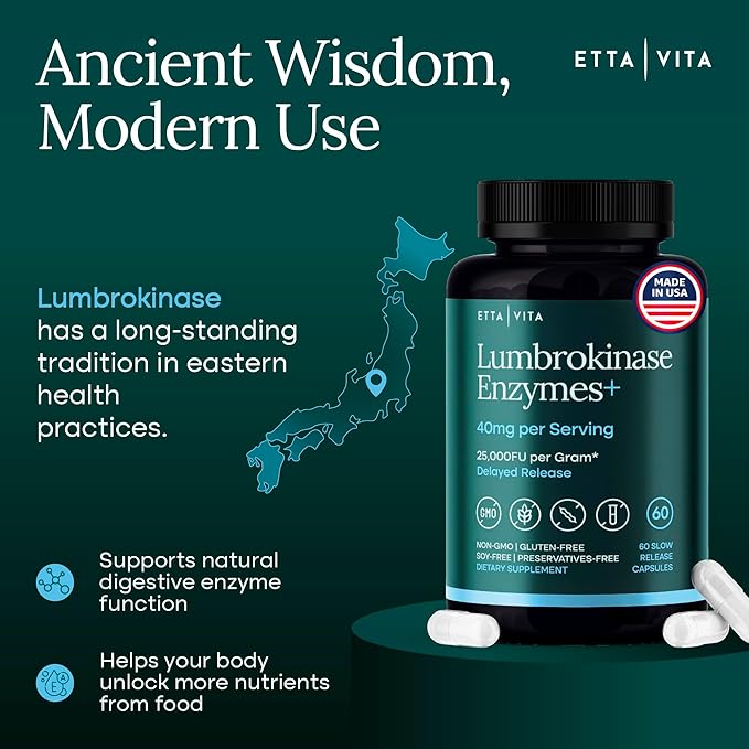 Potent Lumbrokinase Supplement 40mg/Serving (Max Activity - 800000 Units) - Lumbrokinase Enzymes Capsules for Energy Support Digestion Detox Cognition &amp Gut Health - Similar to Nattokinase