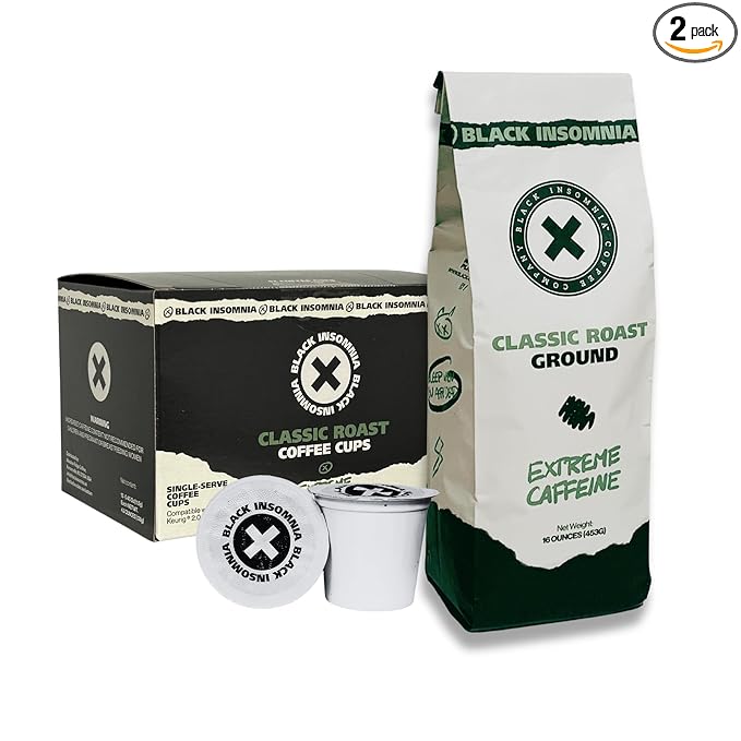 Black Insomnia Extreme Caffeine Coffee - World's Strongest Highly Caffeinated Coffee - Classic Roast Ground Bag &amp Single Serve Cups