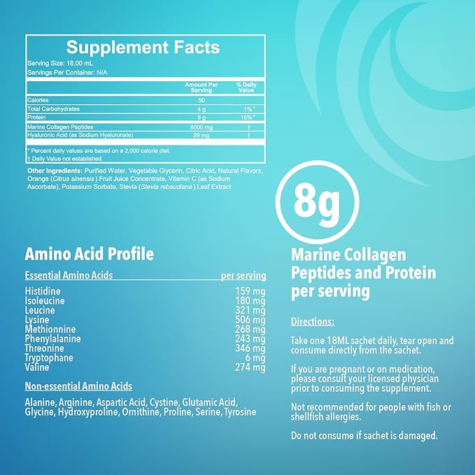 Liquid Marine Collagen Peptides for Women Men – 8000mg Hydrolyzed Collagen Liquid Supplement with Biotin &amp Vitamins for Hair Growth Skin Nails &amp Joints Lemon Flavor Sugar-Free 14 Sachets