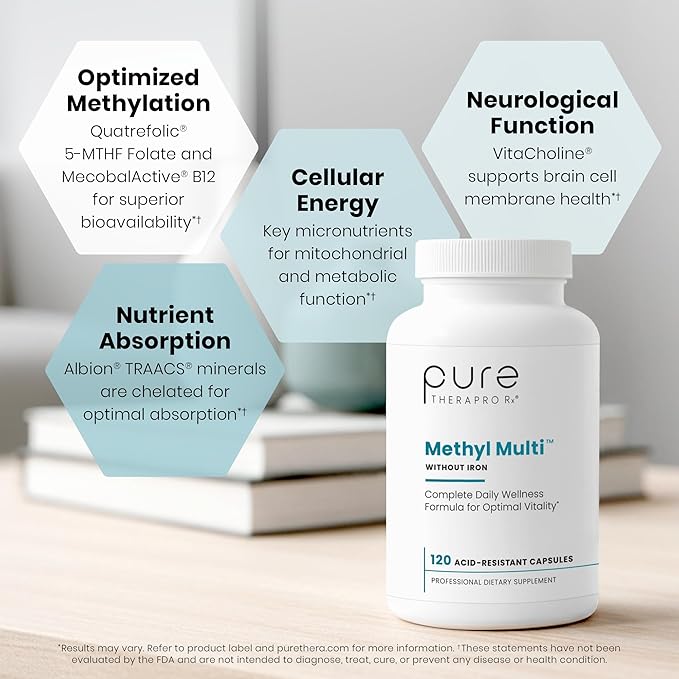 Pure Therapro Rx Methylated Multivitamin for Men and Women | Made in USA | Methyl Multi Without Iron Methyl B12 &amp Methylfolate | 120 Capsules 2-Month Supply
