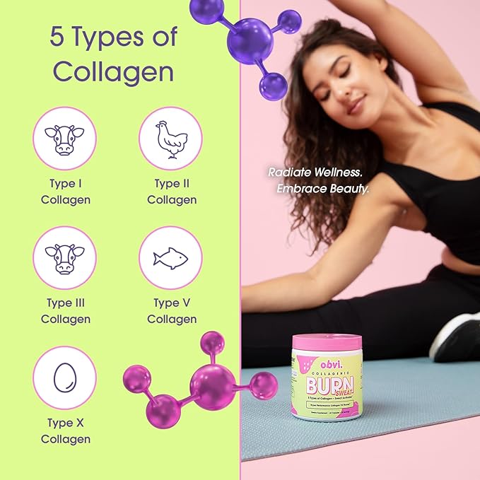 Obvi Collagenic Burn Sweat | Thermogenic Collagen with GBB &amp Green Tea | Supports Sweat &amp Metabolism | 5 Types of Collagen for Hair Skin &amp Joints | 60 Capsules